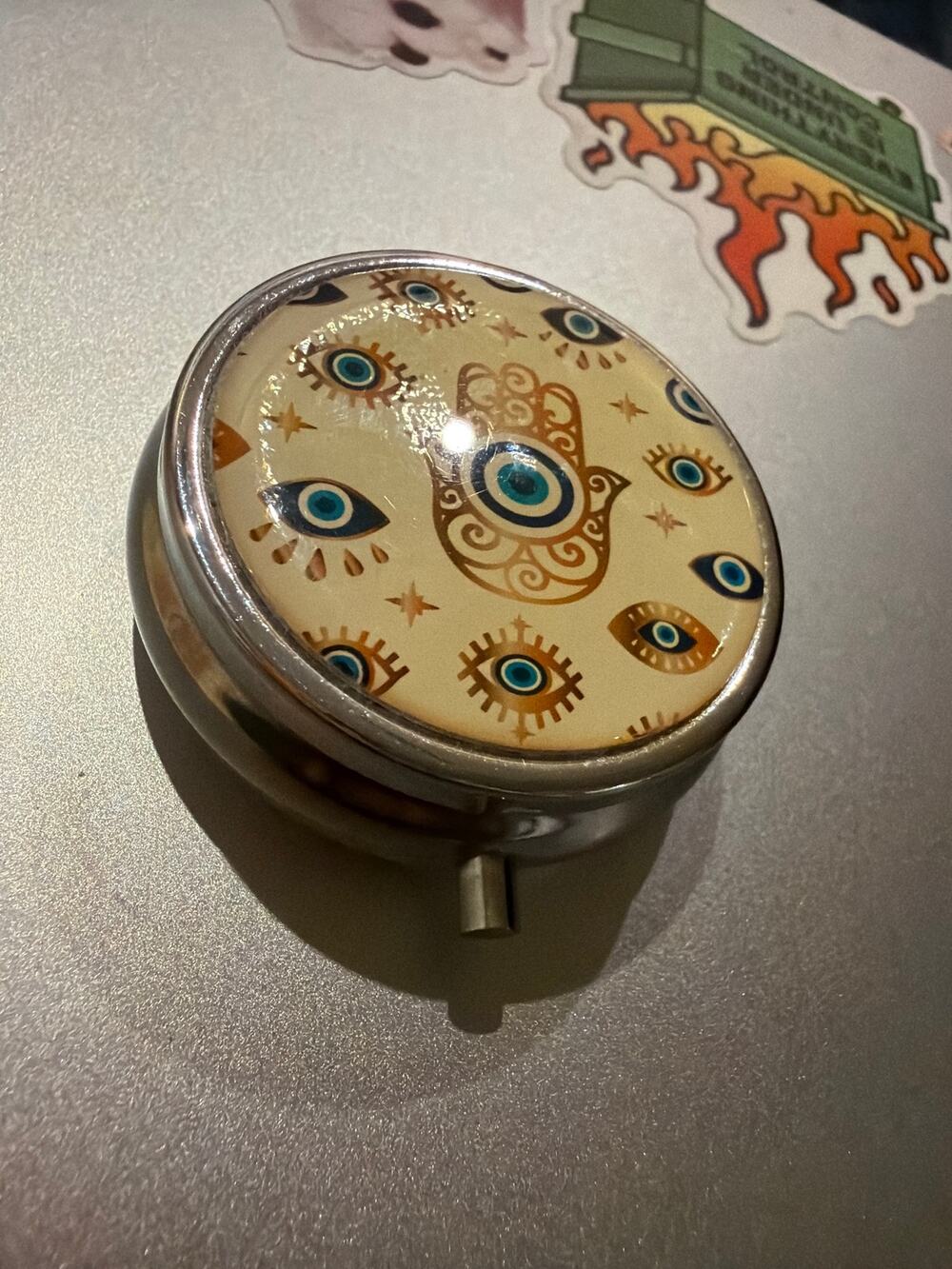 Boho Hamsa Hand & Evil Eye Round Pill Box - Metal Travel Storage Organizer Case